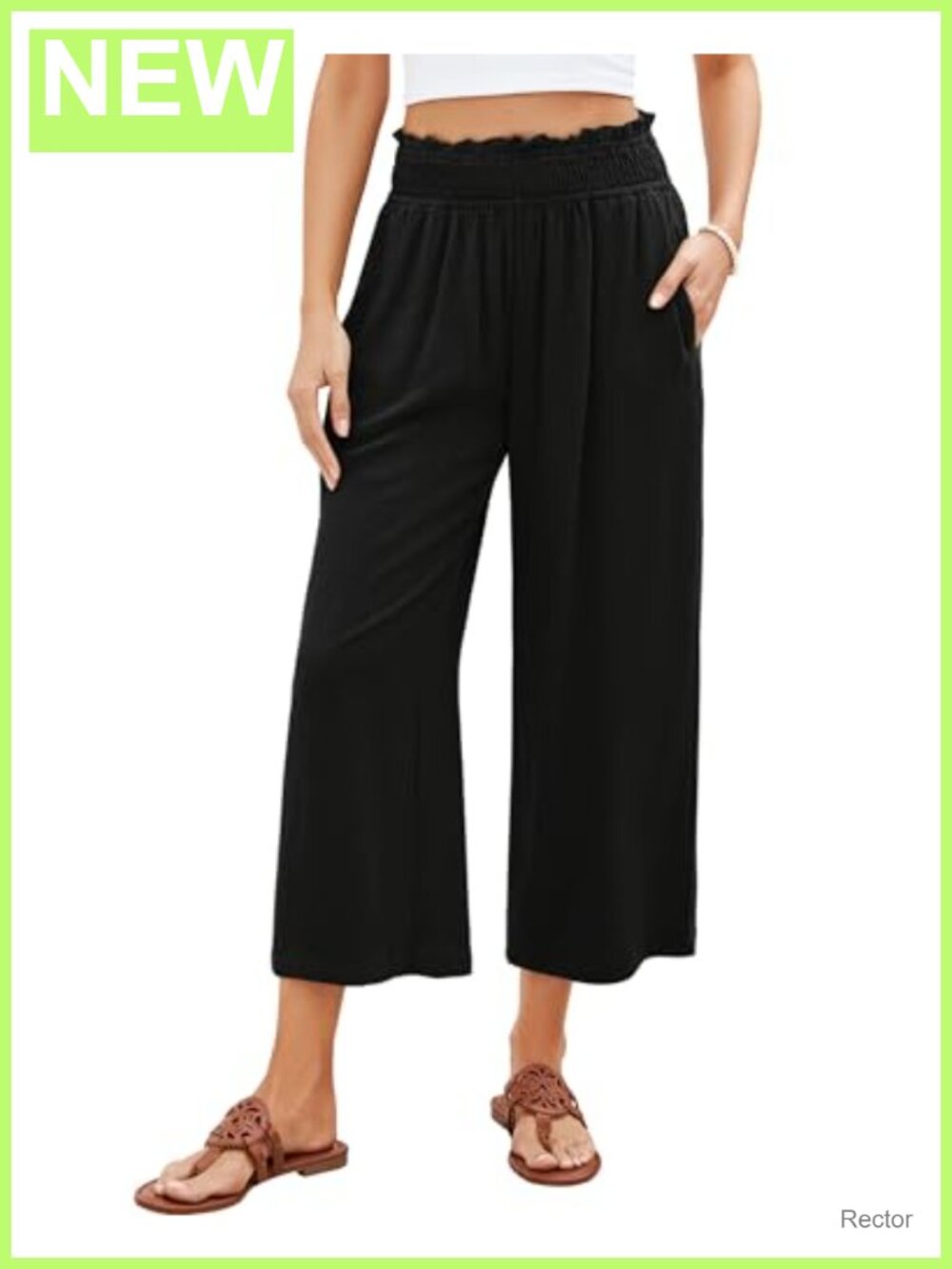 Women High Waisted Wide Leg Linen Capri Pants Pull On Elastic Waist Casual 2024